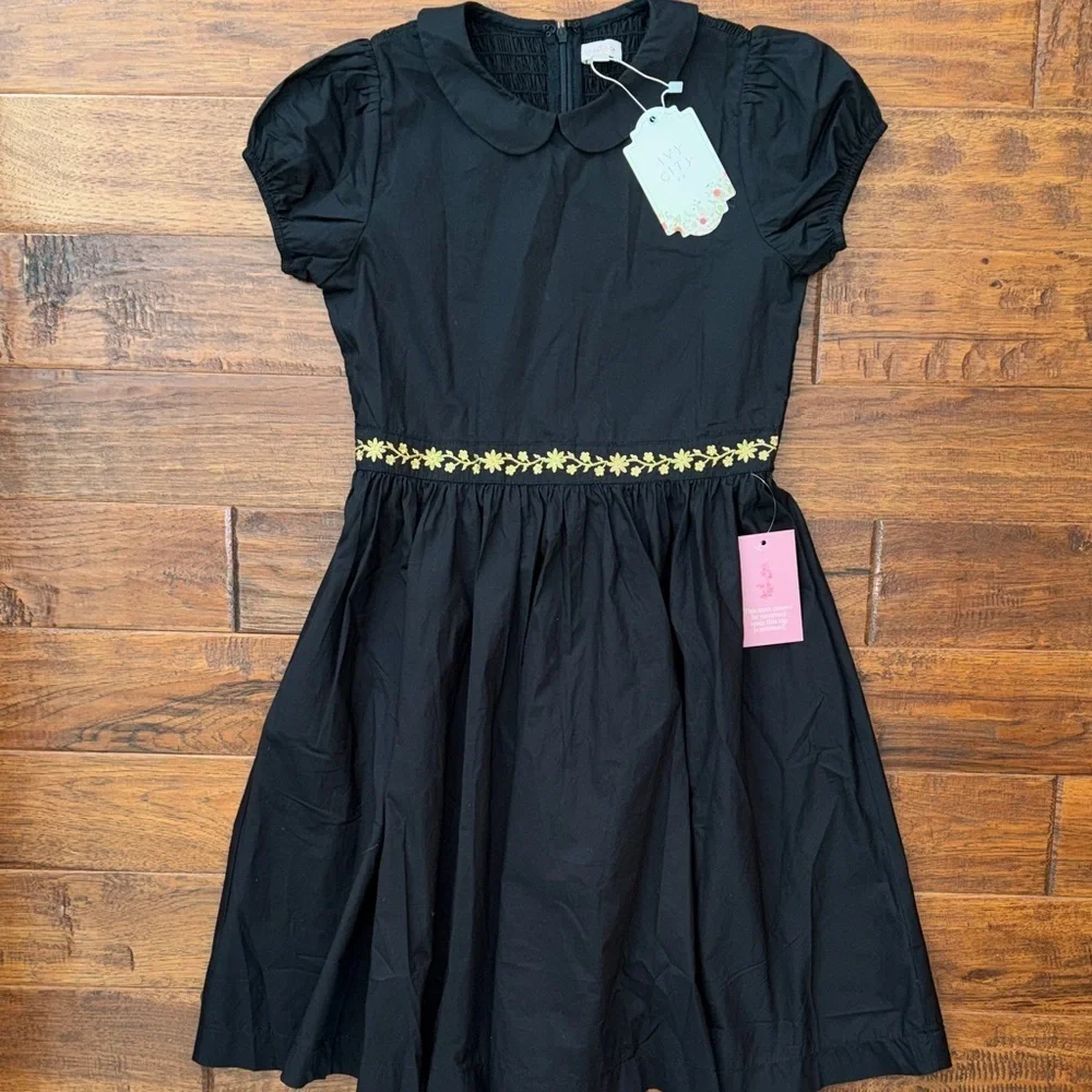 Ivy City Co Mini Murphy Black Dress with Gold Floral Trim, size 11/12